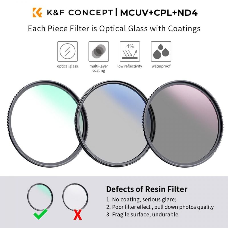 K&F Concept 49mm MCUV+CPL+ND4 Lens Filter Kit with Lens Cleaning Cloth and Filter Bag - Image 2