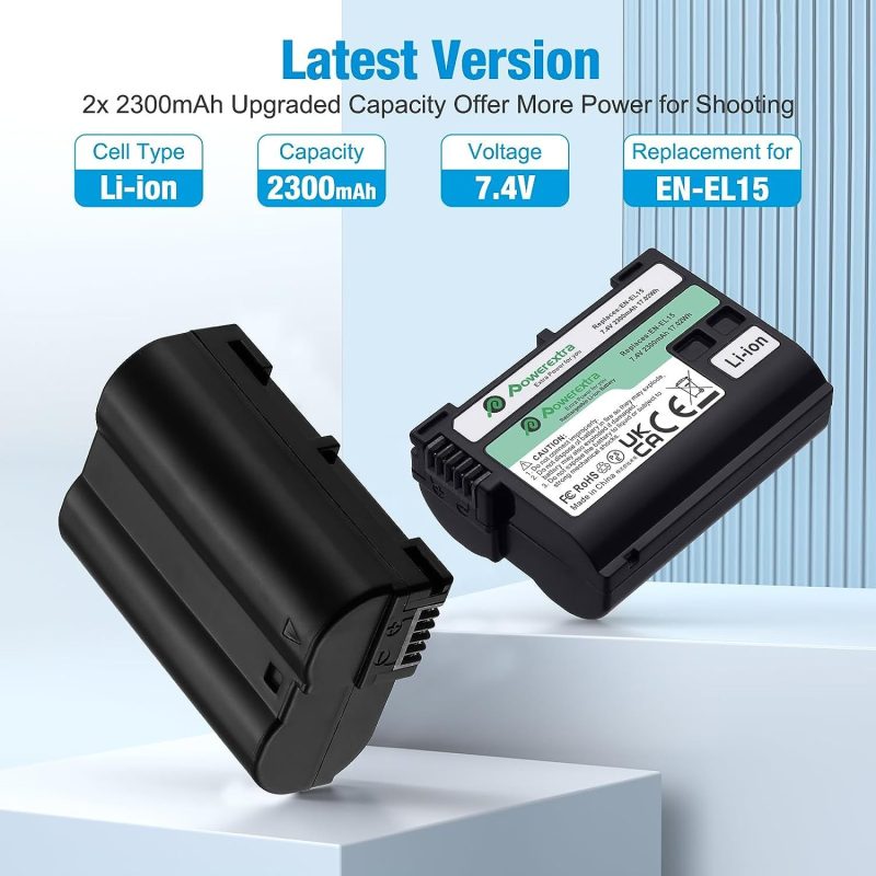 Powerextra 2-Pack NK-ENEL15 Replacement Battery For Nikon EN-EL15C, EN-EL15B, EN-EL15A, EN-EL15 2300mAh Li-ion - Image 2