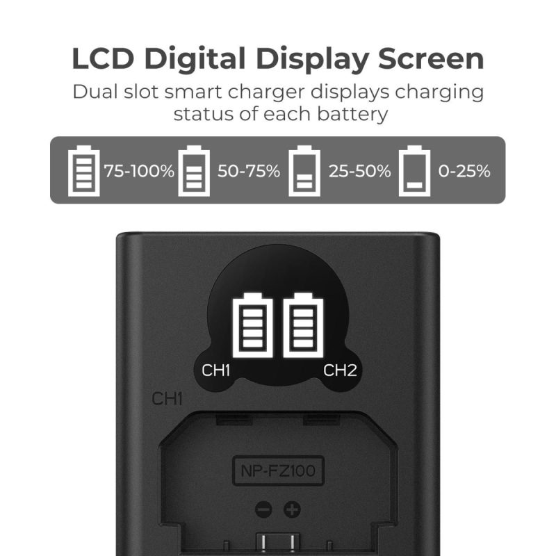 K&F Concept NP-FZ100 Dual Slot Battery Fast Charger with LCD Screen, Compatible with Sony (KF28.0010V1) - Image 2