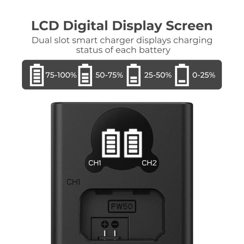 K&F Concept NP-FW50 Dual Slot Battery Fast Charger with LCD Screen, Compatible with Sony (KF28.0009V1) - Image 2