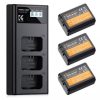 Black triple-bay battery charger with CH1–CH3 labels, shown alongside three orange-labeled rechargeable batteries.