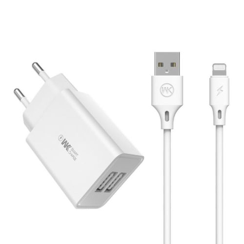 Φορτιστής Σπιτιού WK WP-U56 2 Θέσεων ,με καλώδιο Lightning Λευκό