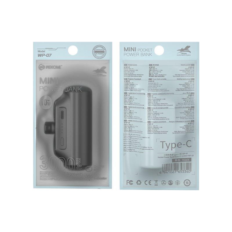 Power Bank 3000mAh 10W WK WP-07 USB-C 1 Θέσης Μαύρο - Image 3