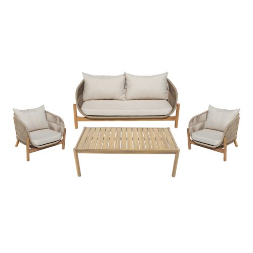 Σαλόνι εξωτερικού χώρου Lemanda pakoworld μασίφ ξύλο ακακίας με σχοινί και μπεζ μαξιλάρια