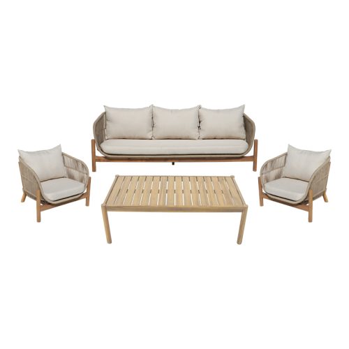 Σαλόνι εξωτερικού χώρου Verilan pakoworld μασίφ ξύλο ακακίας με σχοινί και μπεζ μαξιλάρια