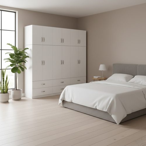 Ντουλάπα εξάφυλλη με συρτάρια και πατάρι Athos pakoworld λευκή 240x42x240εκ