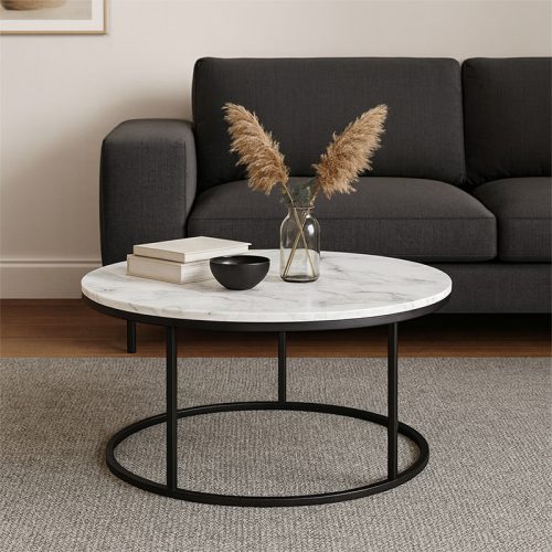 Τραπέζι σαλονιού Sikele pakoworld λευκή όψη μαρμάρου και μαύρα μεταλλικά πόδια Φ60x40εκ