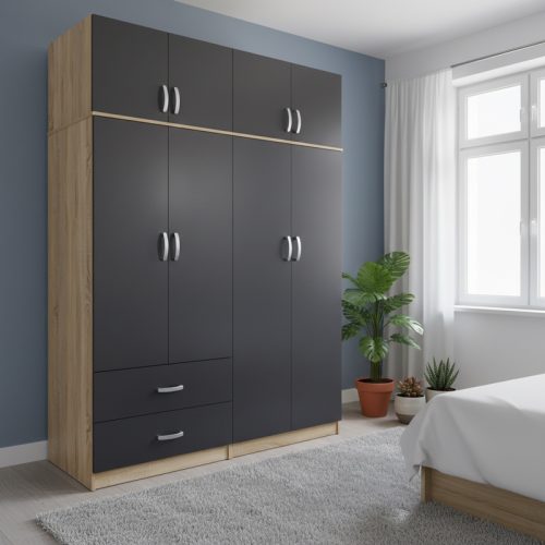 Ντουλάπα τετράφυλλη με πατάρι Athos pakoworld sonoma-ανθρακί 160x42x240εκ