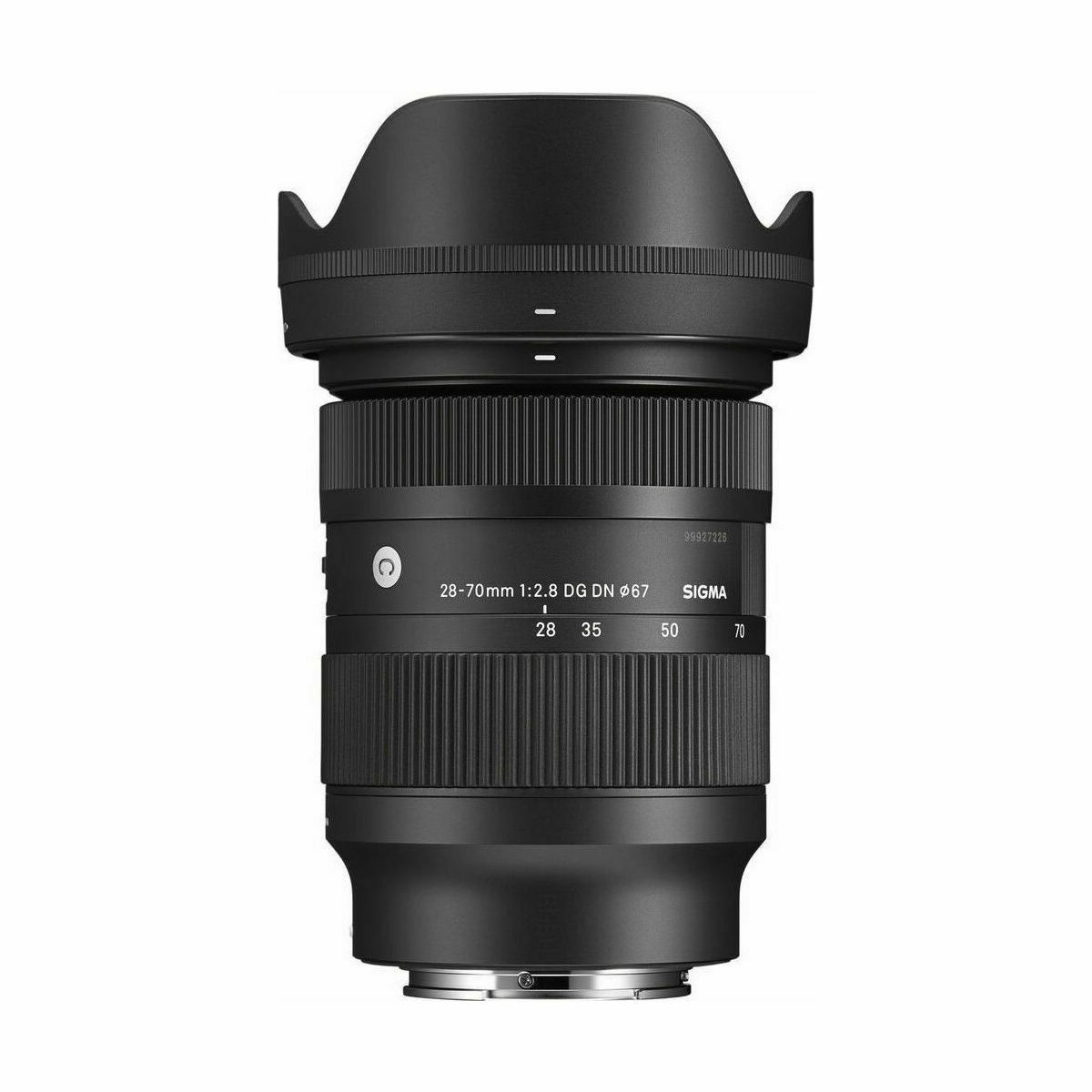 Sigma 28-70mm f/2.8 DG DN camera lens with hood attached, shown in black finish (brand name visible).