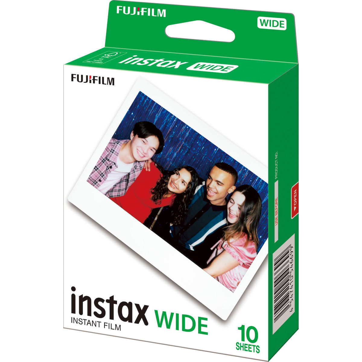 Fujifilm Instax Wide instant film box with a tilted Polaroid-style photo of smiling friends inside the frame