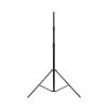 Tall studio light stand with a three-legged tripod base, vertical center pole, and clamp near mid-height used for mounting equipment