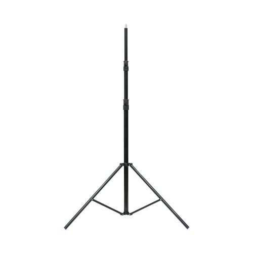 Tall studio light stand with a three-legged tripod base, vertical center pole, and clamp near mid-height used for mounting equipment