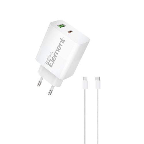 Φορτιστής Σπιτιού GaN PD 45W Element CH-350 2 Θέσεων, με καλώδιο USB-C 65W 1m Λευκό