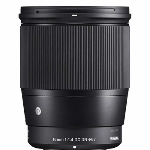 Sigma 16mm f/1.4 DC DN lens for mirrorless cameras, black with a ribbed barrel surface
