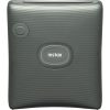 Gray ribbed Instax portable printer with a round, centered 'instax' button and a top-loading slot.