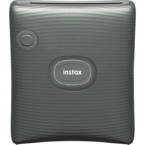 Gray ribbed Instax portable printer with a round, centered 'instax' button and a top-loading slot.