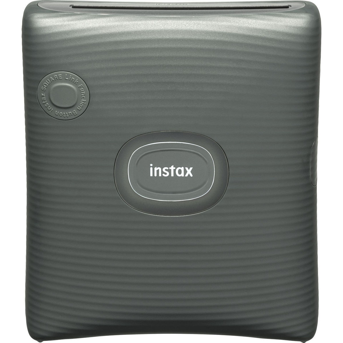 Gray ribbed Instax portable printer with a round, centered 'instax' button and a top-loading slot.