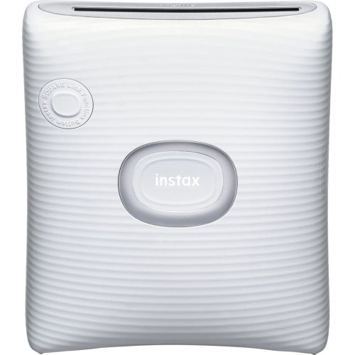 White Instax portable photo printer with a ribbed, wavy surface and a centered oval 'instax' button.