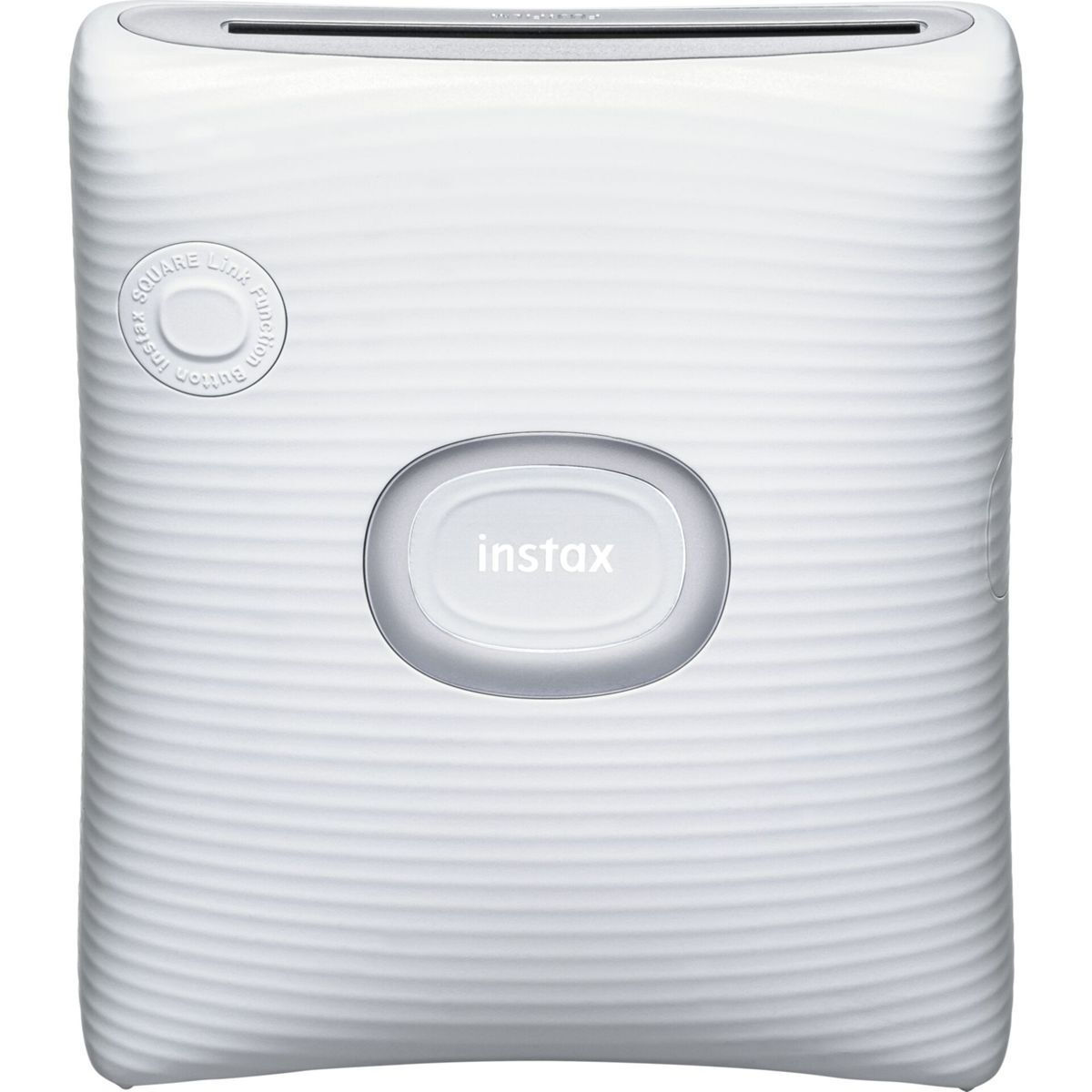 White Instax portable photo printer with a ribbed, wavy surface and a centered oval 'instax' button.