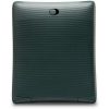 Rear view of a dark teal ribbed appliance with a single circular button near the top center.