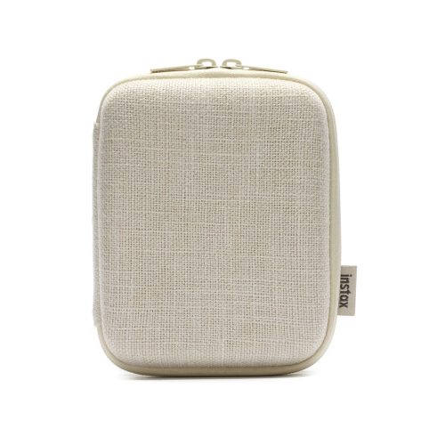 Beige textured fabric pouch with a zipper, a small accessory case (Instax) for storing cameras or accessories.