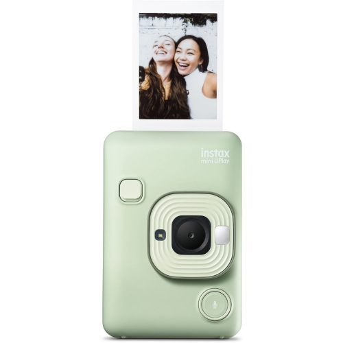 Mint green Instax Mini LiPlay instant camera with a small photo popping out of the top, two smiling women in the photo frame
