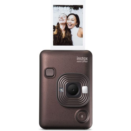 Brown Instax mini LiPlay printer with a Polaroid-style photo emerging, showing two women smiling together.