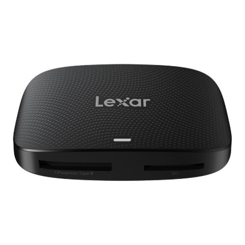Lexar portable card reader with CFexpress Type B and SD card slots on a black textured body