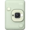 Mint green Fujifilm Instax mini LiPlay camera with square lens, concentric ring design, flash on the right, and circular mic/record button below.