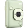 Mint green Instax mini LiPlay instant camera with square lens and built-in microphone button on the front side.