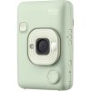 Mint green Instax mini LiPlay instant camera with a large concentric-square lens surround.