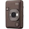 Brown Instax mini LiPlay instant camera with square lens and built-in microphone button visible on the back.