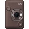 Brown Instax Mini LiPlay instant camera with lens, flash, and mic button visible on the front/center.