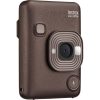 Brown Instax mini LiPlay instant camera with a square lens module and a round microphone button on the back.
