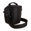 Small black camera bag with top handle and detachable shoulder strap, featuring multiple pockets for accessories.
