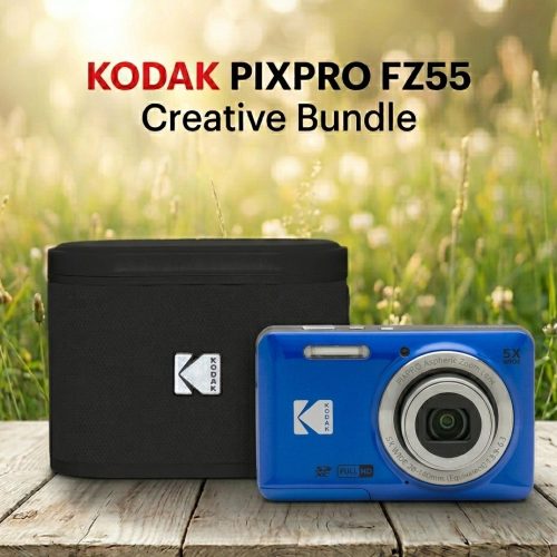 Gemini_Generated_Image_ic2t09ic2t09ic2t | Kounio.gr Blue Kodak PIXPRO FZ55 camera with a lens cap and a black carry case on a wooden surface, outdoor field background, 'KODAK PIXPRO FZ55 Creative Bundle' text above.