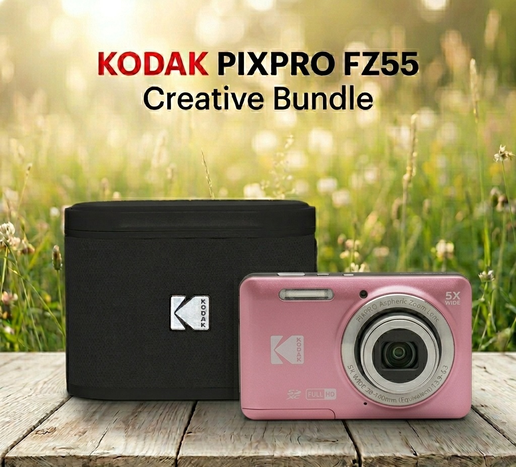 fz55 pink creative bundle | Kounio.gr Pink Kodak PixPro FZ55 camera with 5x wide lens next to black camera bag on a wooden table in a sunny outdoor setting, Creative Bundle foreground.
