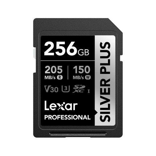 Lexar Professional 256GB SD memory card with Silver Plus, showing 205 MB/s read and 150 MB/s write.
