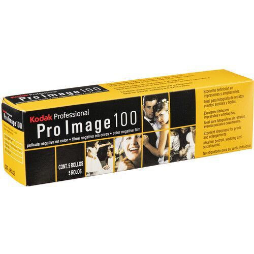 Box of Kodak Professional Pro Image 100 color negative film, yellow and black packaging with photo collage (5 rolls)