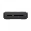 Rugged black card reader with microSD and SD slots labeled on the front side.
