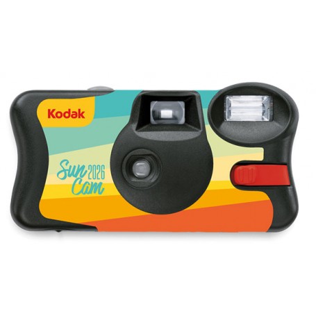 Kodak disposable camera with colorful striped design, dual built-in flashes, and a small lens in the center.