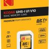 Kodak 32GB SDHC memory card packaging in yellow/black, showing UHS-I U1 V10, up to 85 MB/s read speed, Full HD listed on box