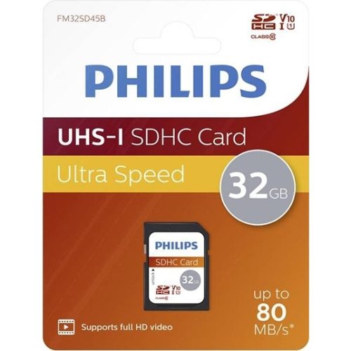 Philips UHS‑I SDHC Card packaging showing 32 GB capacity and Ultra Speed label, with a small card image at bottom left and orange gradient background