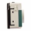 Vintage compact film camera with white body, black base, and teal textured grip on the side.