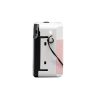 Side view of a small retro-style handheld white device with a pink textured grip, showing a built-in wall outlet and a black cord loop.