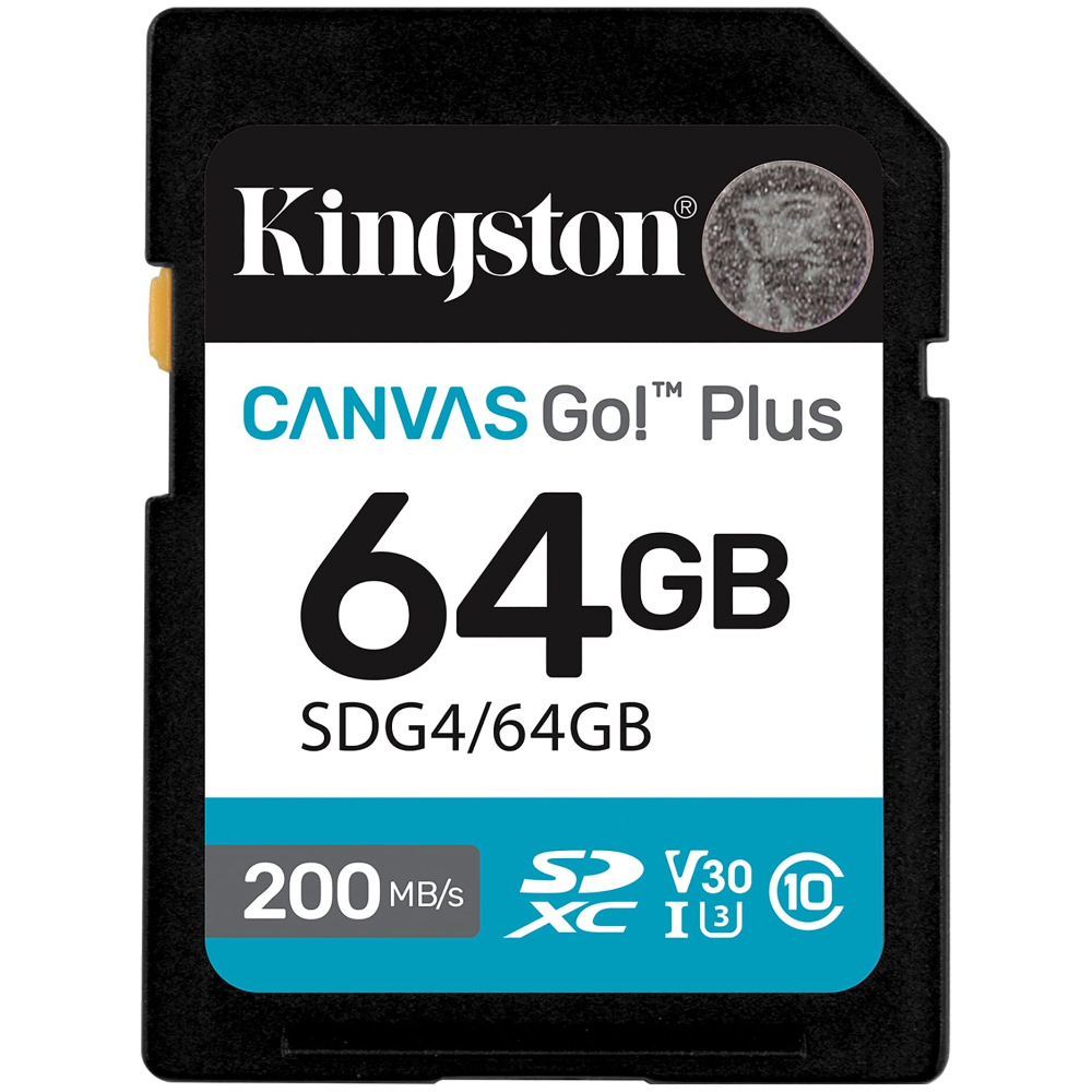 Kingston Canvas Go! Plus 64GB SDXC memory card with 200 MB/s read speed label visible