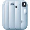 Back view of a light-blue compact camera with a vertical door panel and small control element on the right side.