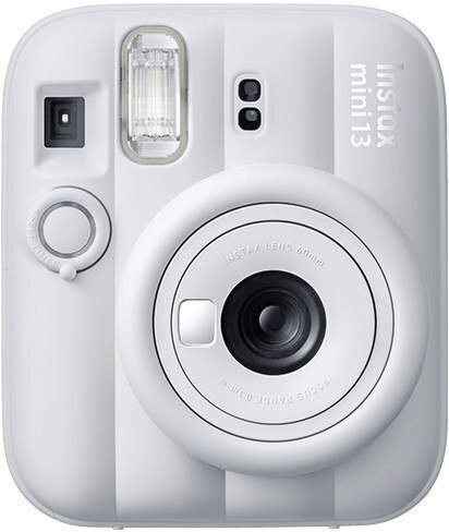20260714163653_fujifilm_instax_mini_13_instant_fotografiki_michani_frost_blue | Kounio.gr Front view of a white Instax Mini 13 instant camera with lens, flash, and viewfinder visible.
