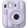 Front view of a lavender Instax Mini 13 instant camera showing the lens, flash, and control wheel on a pastel purple body with 'instax mini 13' branding.