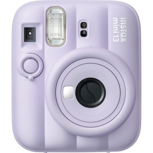 Front view of a lavender Instax Mini 13 instant camera showing the lens, flash, and control wheel on a pastel purple body with 'instax mini 13' branding.